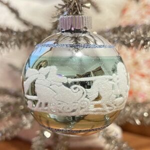 3" Radko Shiny Brite Stenciled Flocked Ornament Santa Sleigh Ride Church blue